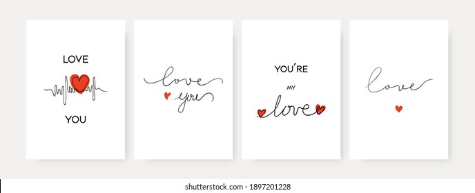 Abstract Valentine's Day postcards. Love heart shapes lettering greeting card set isolated on white. Vector minimalist illustration