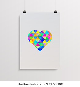 Abstract valentines day poster design with colorful triangles pattern heart on minimal white background  
Eps 10 vector illustration 
