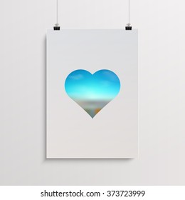 Abstract valentines day poster design with beautiful blue sky with clouds heart on minimal white background  
Eps 10 vector illustration 