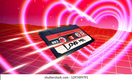 Abstract Valentine's Day romantic card with retro 80s styled landscape and cassette fying through glowing neon hearts in retrowave or synthwave futuristic style