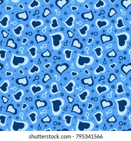 Abstract Valentine's Day seamless pattern with hearts, man and woman symbols of blue shades