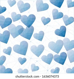 Abstract Valentine's Day vector with polygonal hearts in purple and blue colors. Artistic digital design.