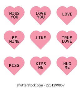 Abstract valentines hearts. Heart candies isolated on white background. Bundle of flat cartoon conversation text sweets for valentines day.