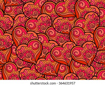 Abstract valentine's seamless pattern with many ornamental figured red hearts. Endless decorative texture. You can use it as a greeting card or invitation design
