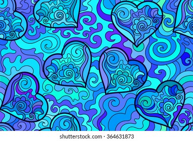 Abstract valentine's seamless pattern with ornamental figured blue hearts. Endless decorative texture. You can use it as a greeting card or invitation design