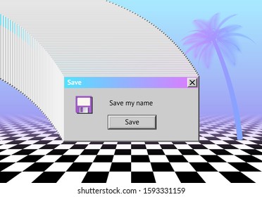 Abstract vaporwave aesthetics background with 90s style system message window, palm and checkered floor covered with pink and blue gradient mist