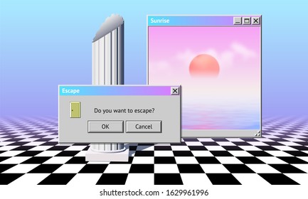 Abstract vaporwave aesthetics background with 90s style system message windows, column and checkered floor covered with pink and blue gradient mist