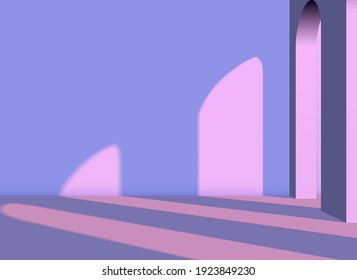 Abstract vaporwave architectural 3D background with arches and columns in the pink room with violet shadows