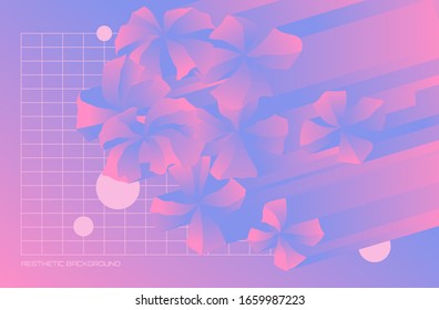 Abstract vaporwave background, gradient cherry blossoms and grid, aesthetic duotone color.