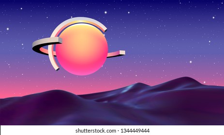 Abstract vaporwave background with sun or light ball and orbits flying over mountain landscape on sci-fi planet