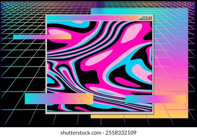 Abstract vaporwave collage with elements of open application windows and glitchy artifacts.