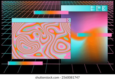 Abstract vaporwave collage with elements of open application windows and glitchy artifacts.