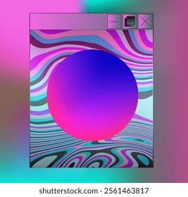 Abstract vaporwave collage with neon gradient circle and open application window and glitchy waves.