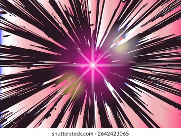 Abstract vaporwave illustration with dynamic black and pink streaks radiating from a glowing magenta center; features energetic shapes and trendy gradient colors for a bold, modern look.