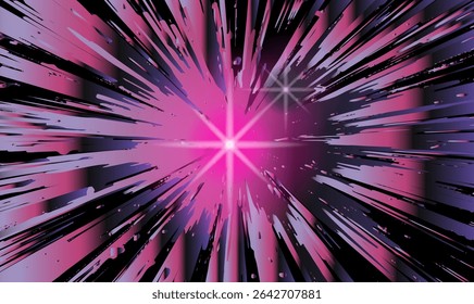 illustration Abstrait à ondes de vapeur avec des rayures dynamiques noires et roses rayonnant d'un centre magenta scintillant; formes énergiques et dégradés de couleurs à la mode pour un look audacieux et moderne.