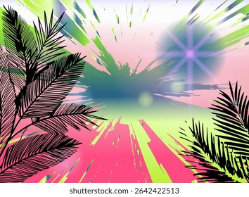 Ilustração abstrata de vaporwave com listras afiadas em pastel rosa, amarelo, gradientes azuis, sunburst, e silhueta de folhas de palma— capturando vibrações tropicais retrô com formas geométricas dinâmicas.