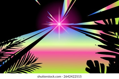 Ilustração abstrata de vaporwave com listras afiadas em pastel rosa, amarelo, gradientes azuis, sunburst, e silhueta de folhas de palma— capturando vibrações tropicais retrô com formas geométricas dinâmicas.