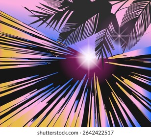 Ilustração abstrata de vaporwave com listras afiadas em pastel rosa, amarelo, gradientes azuis, sunburst, e silhueta de folhas de palma— capturando vibrações tropicais retrô com formas geométricas dinâmicas.