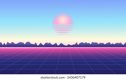 Abstract vaporwave landscape with sun rising over mountains silhouette and on calm soft pink and blue day background. Vintage vector illustration.