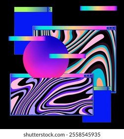 Abstract vaporwave and retrowave collage with elements of open application windows and glitchy melting textures.