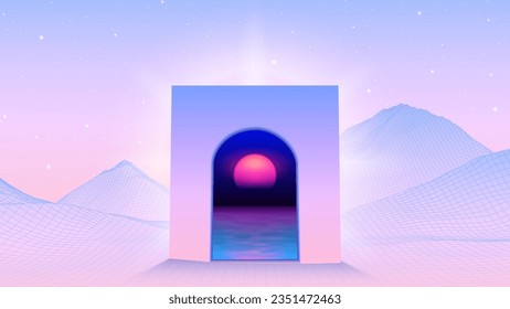 Abstract vaporwave scene with arch or gate to another world with synthwave sunset. 80s gaming mountain landscape with window or sureal portal