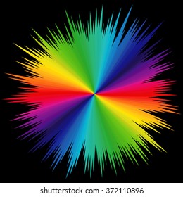 Abstract variegated pattern with colored radial beams of visible spectrum on a black background, vector illustration