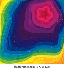 Abstract variegated pattern with primary colors of visible spectrum, bright pink flower and small sparkling stars, vector illustration