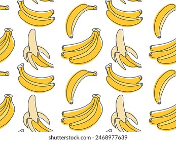 Abstract various bananas seamless pattern. Fresh tropical fruit. Peeled and bunch banana background. Modern Doodle illustration. Pattern for packaging, cover, wallpaper, print