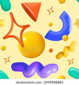 Abstract various bright 3D doodle shapes and objects. Different figures. 3D Vector seamless Pattern. Background, wallpaper, Wrapping, textile template