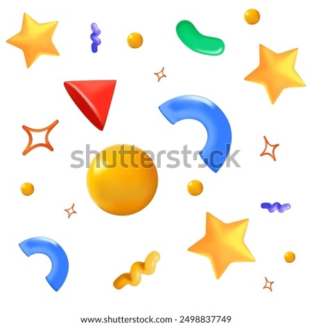 Abstract various bright 3D Party Confetti Cartoon Style Symbol of Surprise Isolated on a White Background. Abstract shapes 3D for web design, advertising banner. Different forms of geometry. Vector