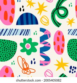 Abstract various bright doodle shapes and objects. Different figures. Hand drawn Vector seamless Pattern. Background, wallpaper, Wrapping, textile template