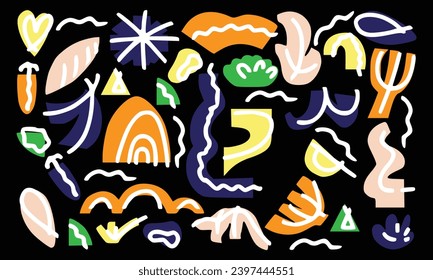 Abstract various bright doodle shapes and objects. Different figures. Hand drawn Vector seamless Pattern. Background, wallpaper, Wrapping, textile template