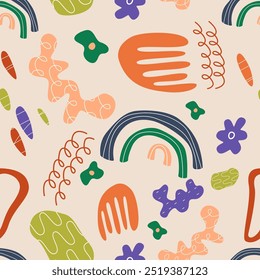 Abstractas varias Formas y objetos brillantes de doodle. Cifras diferentes. Dibujado a mano de Vector sin patrón. Fondo, Fondo de pantalla, envoltura, Plantilla textil