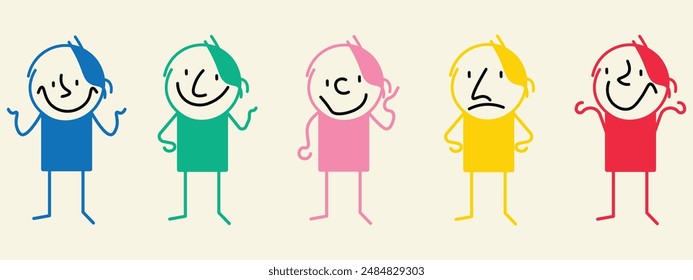 Abstract various emotions with comic faces character vector design. Simple flat line funny characters. Set of various geometric figures with face emotions.  Hand drawn trendy funny character design