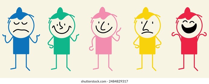 Abstract various emotions with comic faces character vector design. Simple flat line funny characters. Set of various geometric figures with face emotions.  Hand drawn trendy funny character design