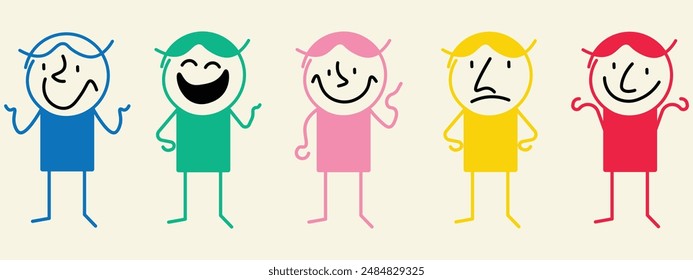 Abstract various emotions with comic faces character vector design. Simple flat line funny characters. Set of various geometric figures with face emotions.  Hand drawn trendy funny character design