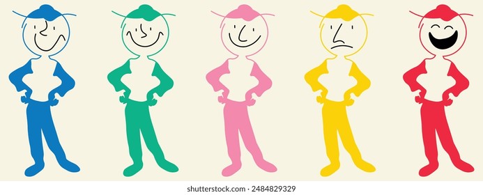 Abstract various emotions with comic faces character vector design. Simple flat line funny characters. Set of various geometric figures with face emotions.  Hand drawn trendy funny character design