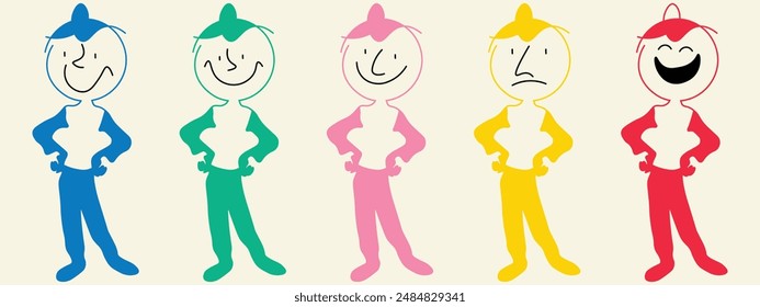 Abstract various emotions with comic faces character vector design. Simple flat line funny characters. Set of various geometric figures with face emotions.  Hand drawn trendy funny character design