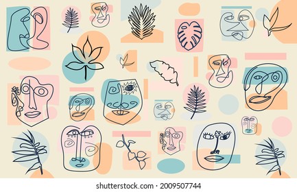 Resumen de diferentes caras, hojas y flores. Ilustración vectorial. Líneas, concepto minimalista y elegante.