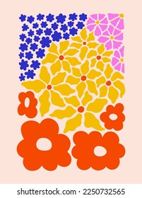 Abstract Various Flowers Poster. Modern Floral Naive Print in Contemporary Style. Trendy Groovy Vector Illustration in Bright Yellow, Blue, Green, Pink Colors for Case Phone, Cover, Flyer, Cards