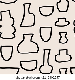 Abstract various geometric vases and shapes. Seamless pattern in hand drawn outline style. Vector background with antique pottery