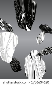 Resumen de varias ilustraciones de piedra / cristal de cuarzo, fondo de plantilla simple en blanco y negro