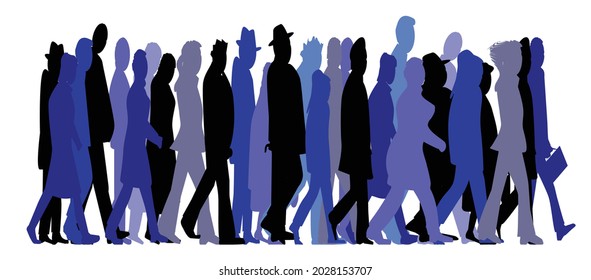 Abstract of various types of folk rushing ahead and isolated over a white background
