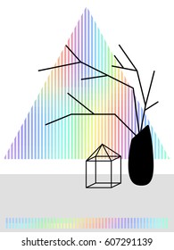 Abstract vase with branches and a decorative terrarium on a background of a rainbow triangle. Universal illustration in the style of aesthetics, vaporwave. Vector illustration EPS 8