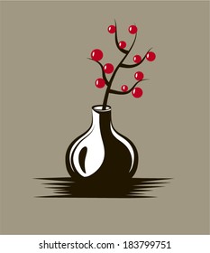 Abstract vase drawing. Branch with berries