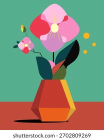 Vaso abstrato com flores pintadas à mão. Grande vaso multicolorido com um lírio.