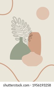Afiche Resumen de Vase. 3 jarrones diferentes y una hermosa hoja de palma. Impresión neutral moderna. Ilustración vectorial.