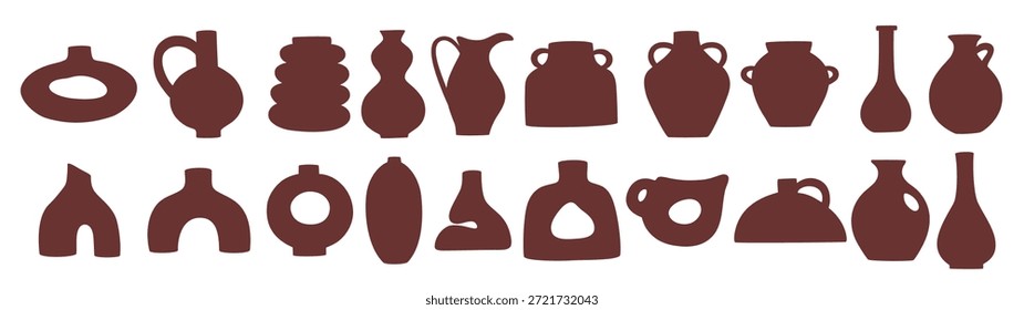 Abstractas silueta de jarrón. Jarrón de cerámica Boho en estilo minimalista de moda. Iconos de cerámica de Vector para crear logotipos, postales, carteles, invitaciones, publicaciones en redes sociales e historias. Ilustraciones aisladas