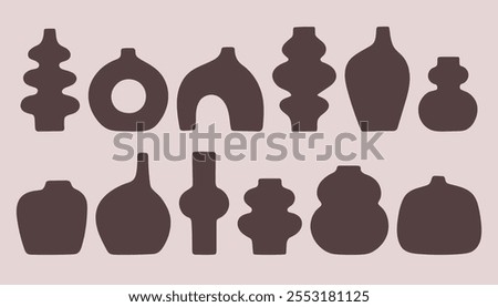 Abstract vase silhouette set. Trendy ceramic pot vase jug or shape jar bottles silhouette set. Cozy home decor handmade boho pottery black form.