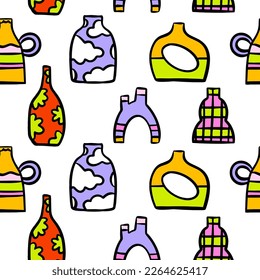 Abstract vase. Simple Various Vases. Hand drawn colored Vector Seamless Patterns. Backgrounds. Naive art, Infantile Style Art. Colorful trendy illustration. Perfect to use for textile print, wallpaper